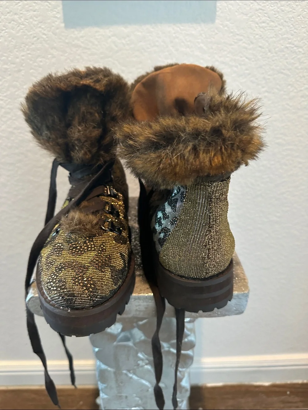 Jessica Simpson Brown Faux Fur Ankle Booties with Metallic Accents